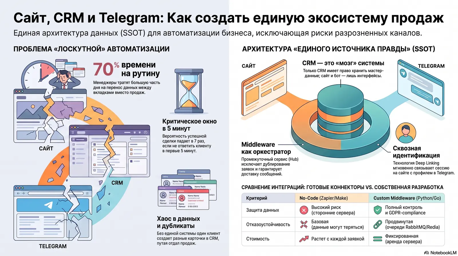 Сайт, CRM и Telegram-бот: как связать их в единую систему без хаоса и потери клиентов
