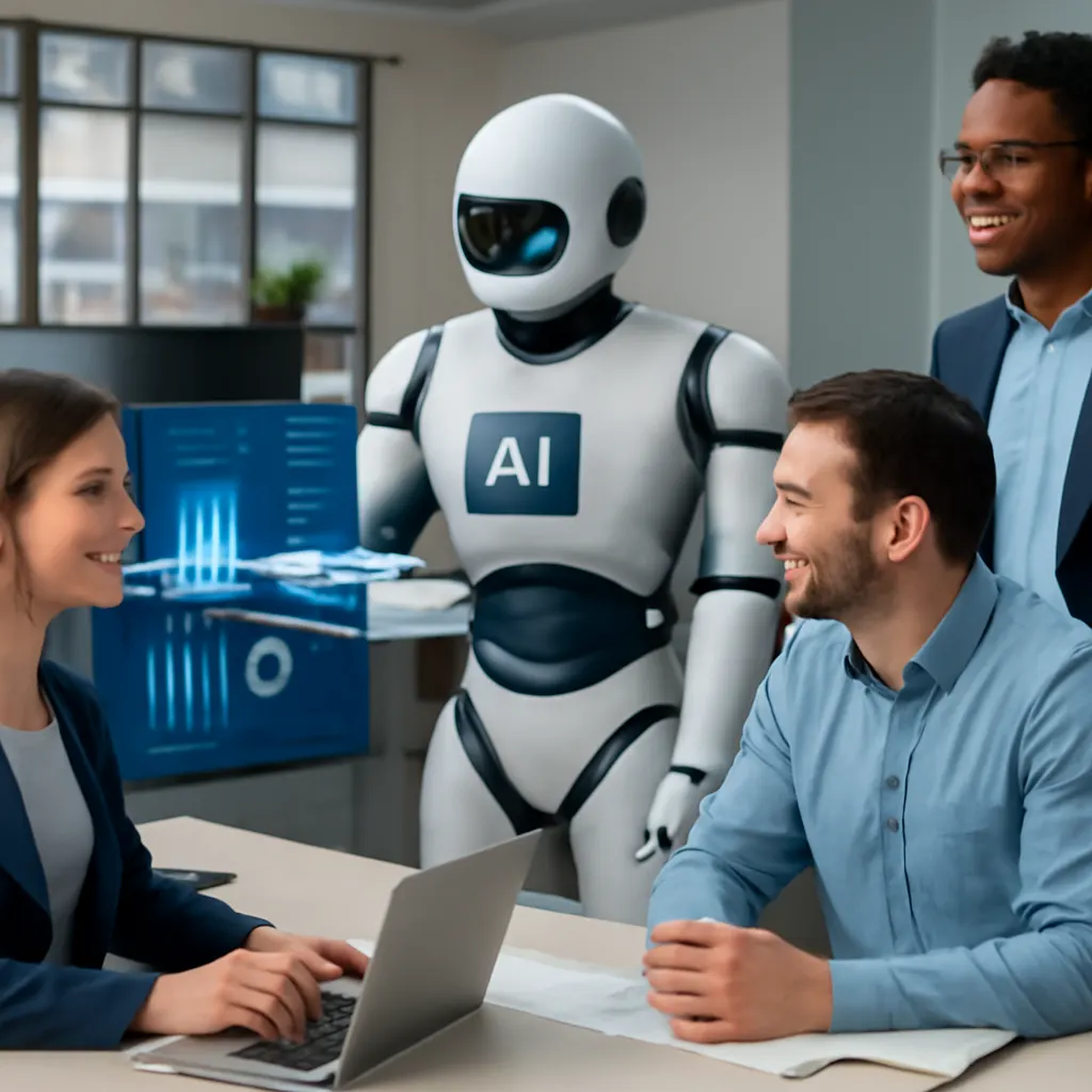 Современный офис с AI-ассистентом, помогающим команде продаж.