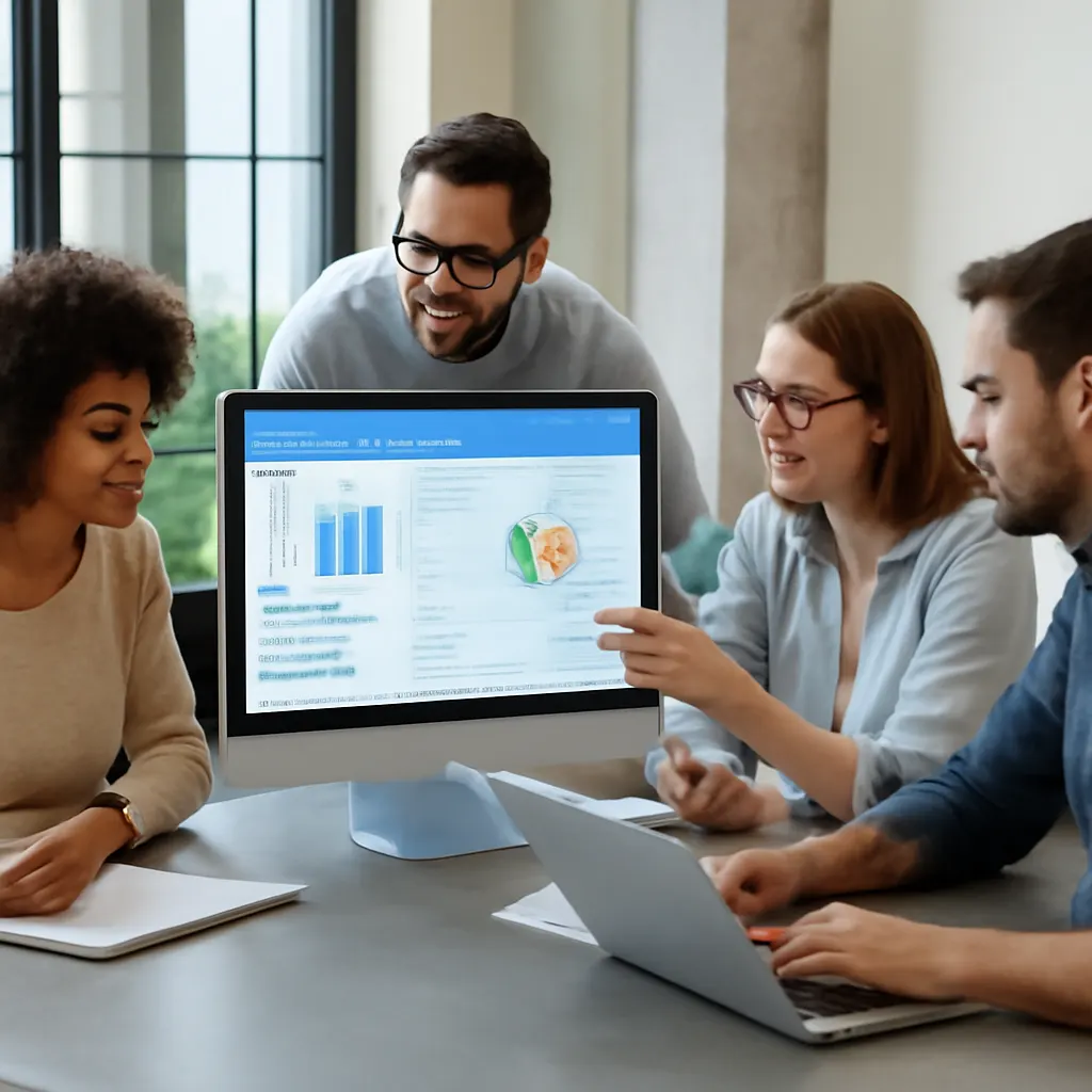 Zespół pracujący nad oprogramowaniem CRM w nowoczesnym biurze.