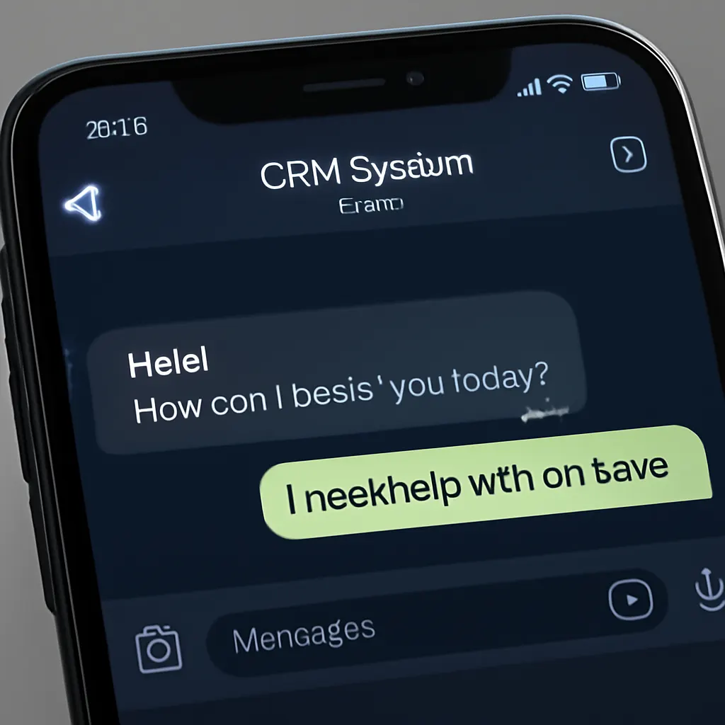 Смартфон с интерфейсом Telegram и CRM
