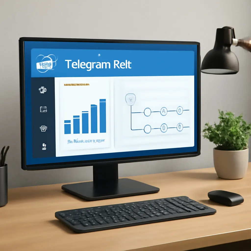 Ein modernes Büro mit einem Computer, der eine Telegram-Bot-Oberfläche anzeigt.