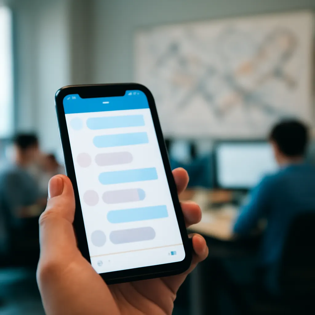 Смартфон с интерфейсом Telegram в офисе.
