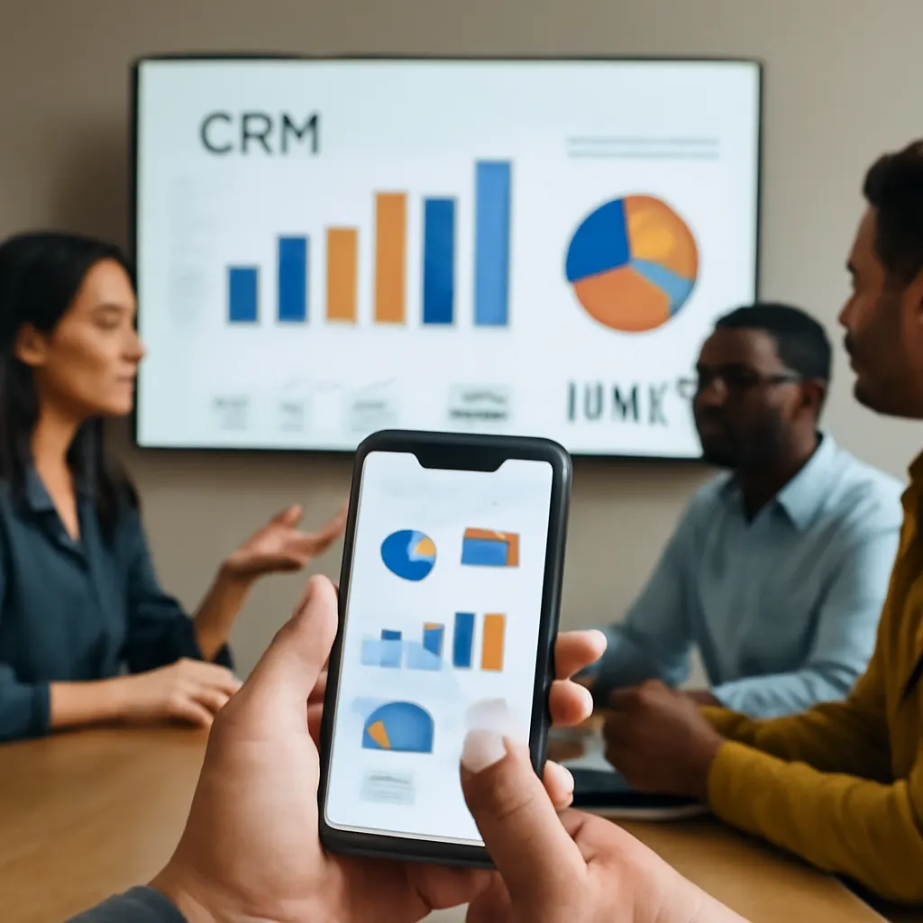 Команда обсуждает стратегии внедрения CRM с диаграммами и графиками на экране
