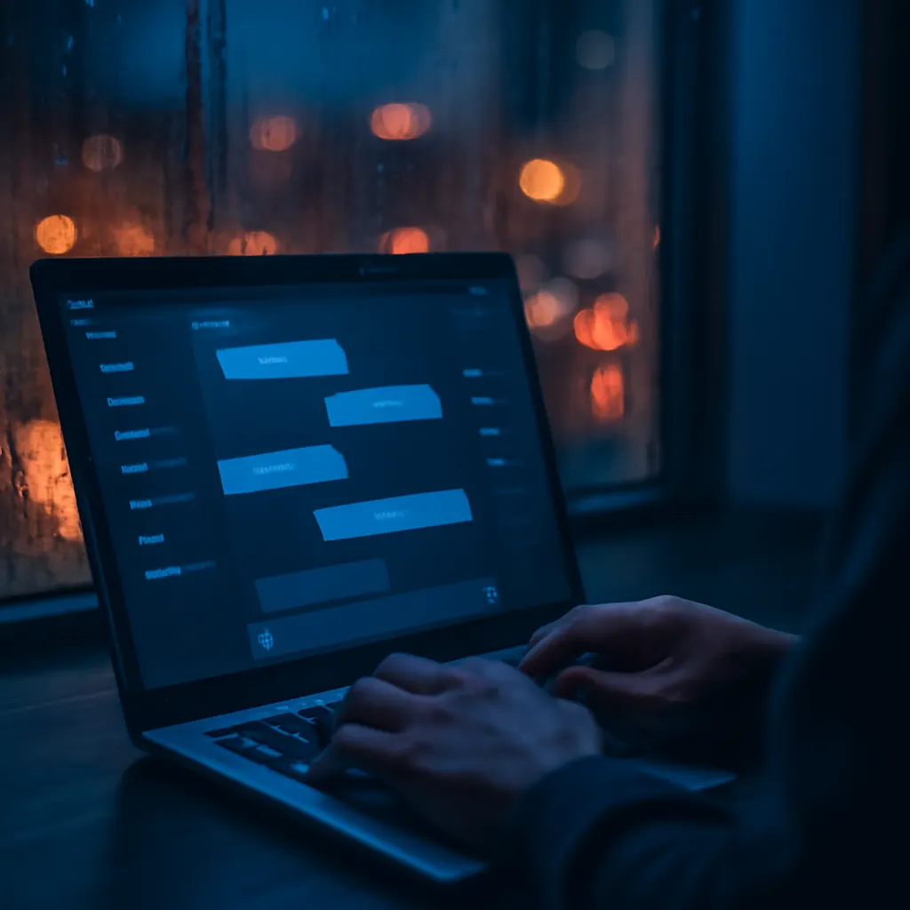 Человек работает за ноутбуком с интерфейсом чата