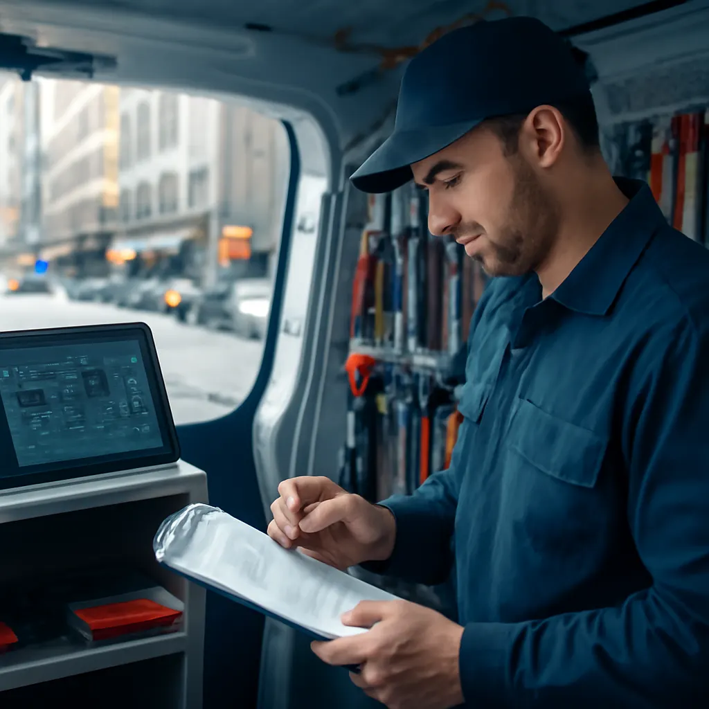 Technician in a van with tools and a tablet