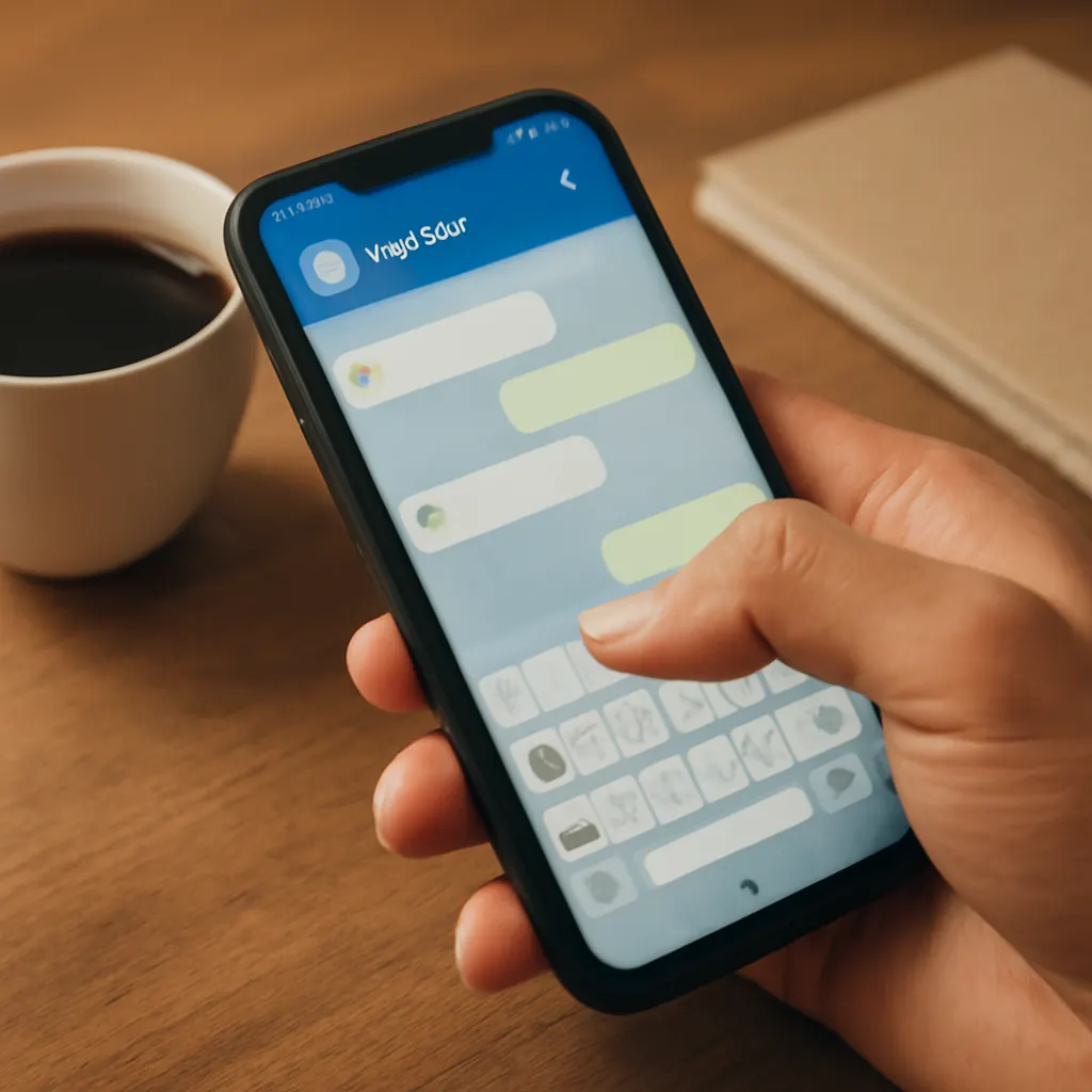 Ekran smartfona z interfejsem bota Telegram podczas pracy na kawie.