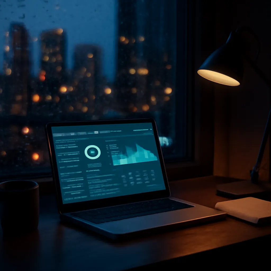 Night view of a cozy office with a laptop