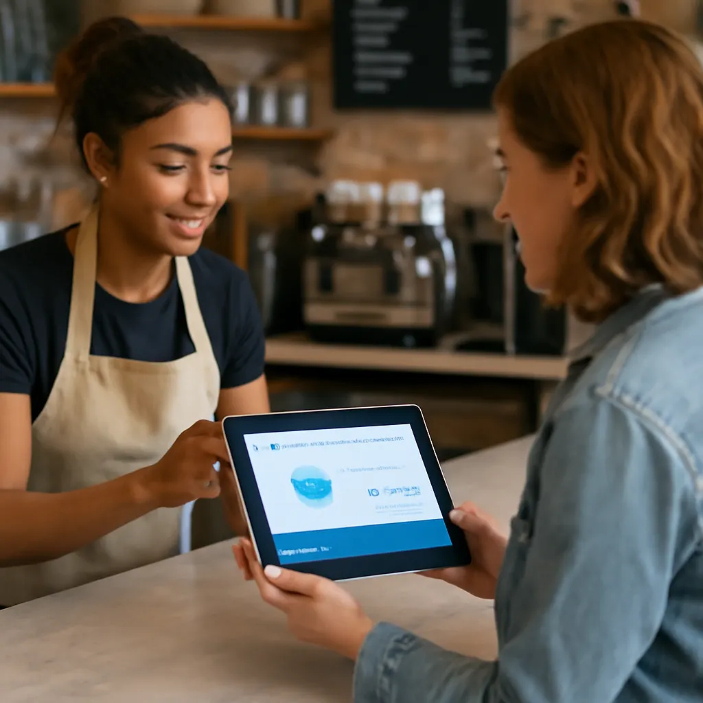 Barista interacting with customer using a tablet.