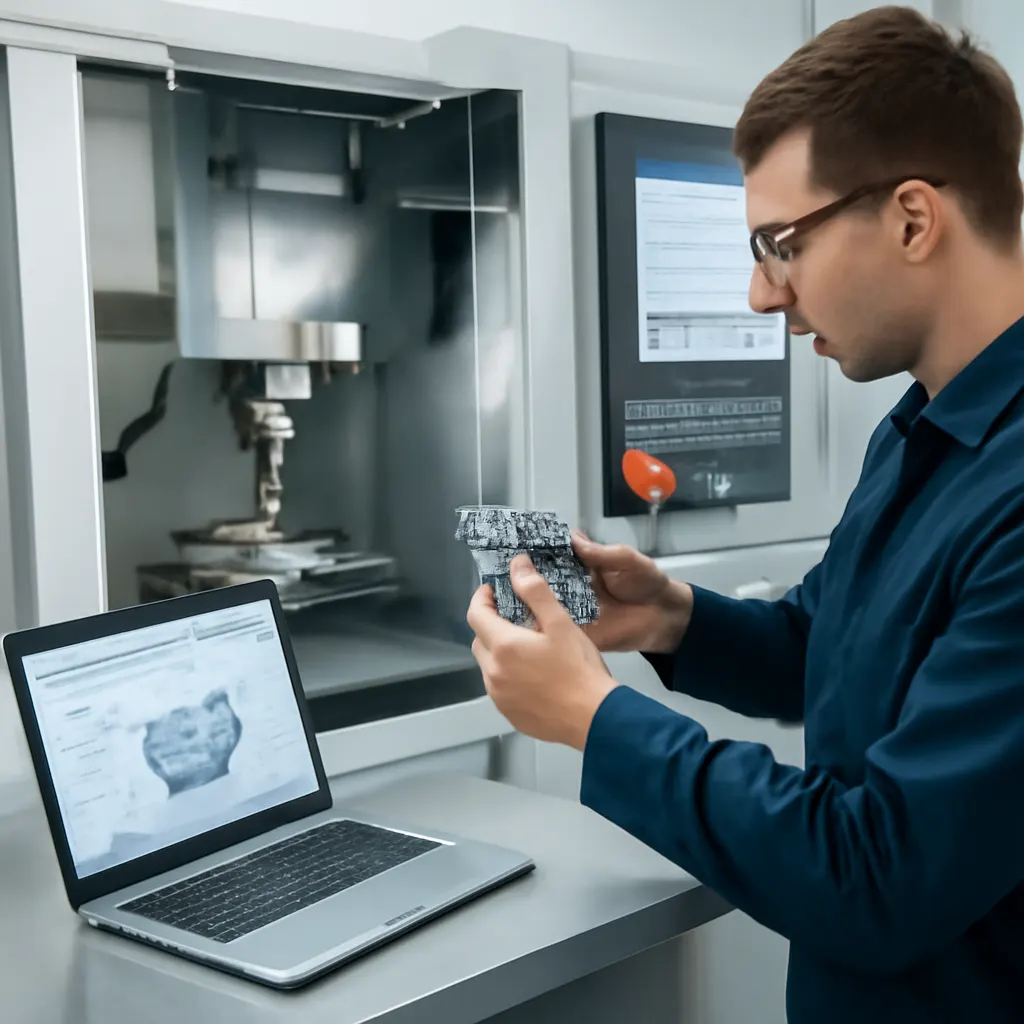 Technik programujący maszynę CNC w czystym warsztacie