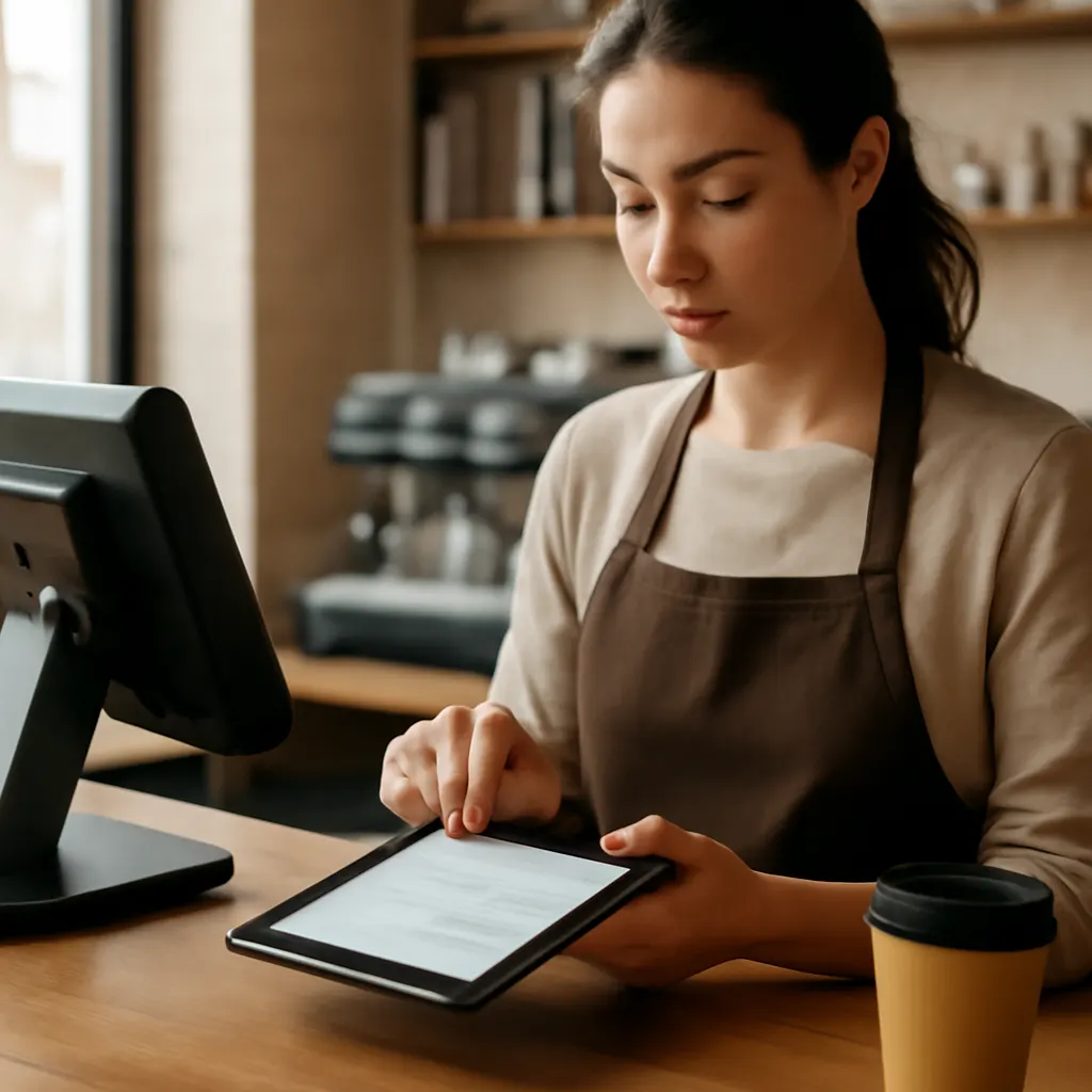 Barista interacting with a customer using a tablet