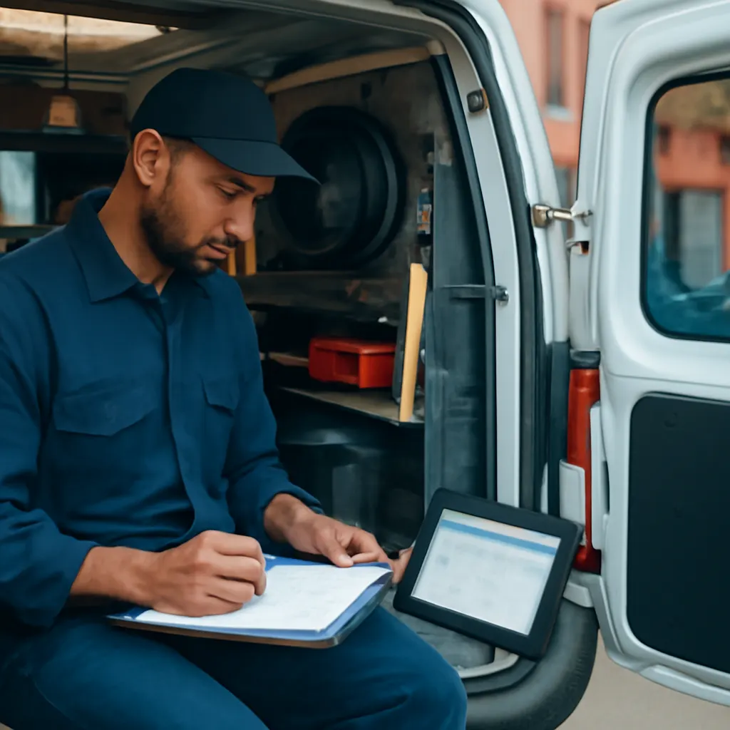 Technician reviewing software plans