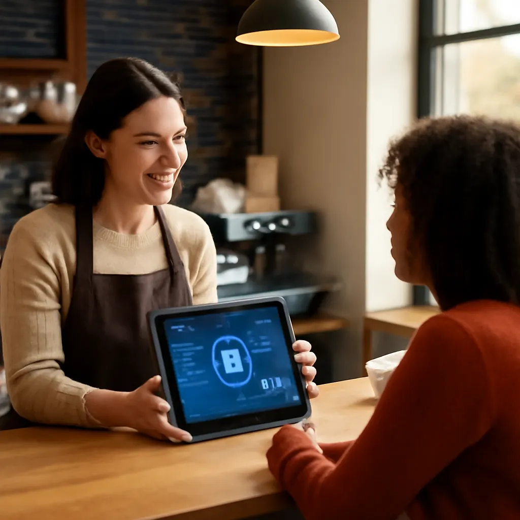 Barista interacting with a customer using a tablet in a coffee shop