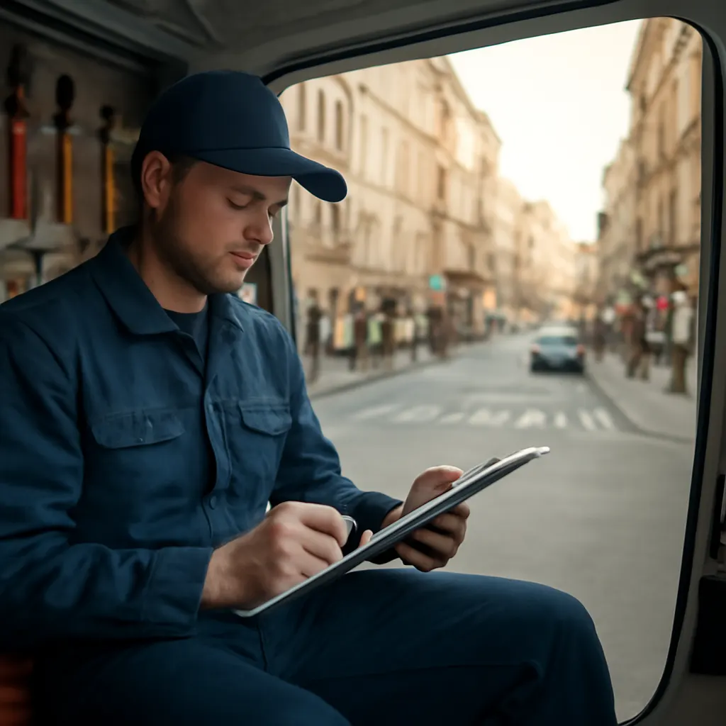 Техник в фургоне с инструментами, работающий с планшетом.