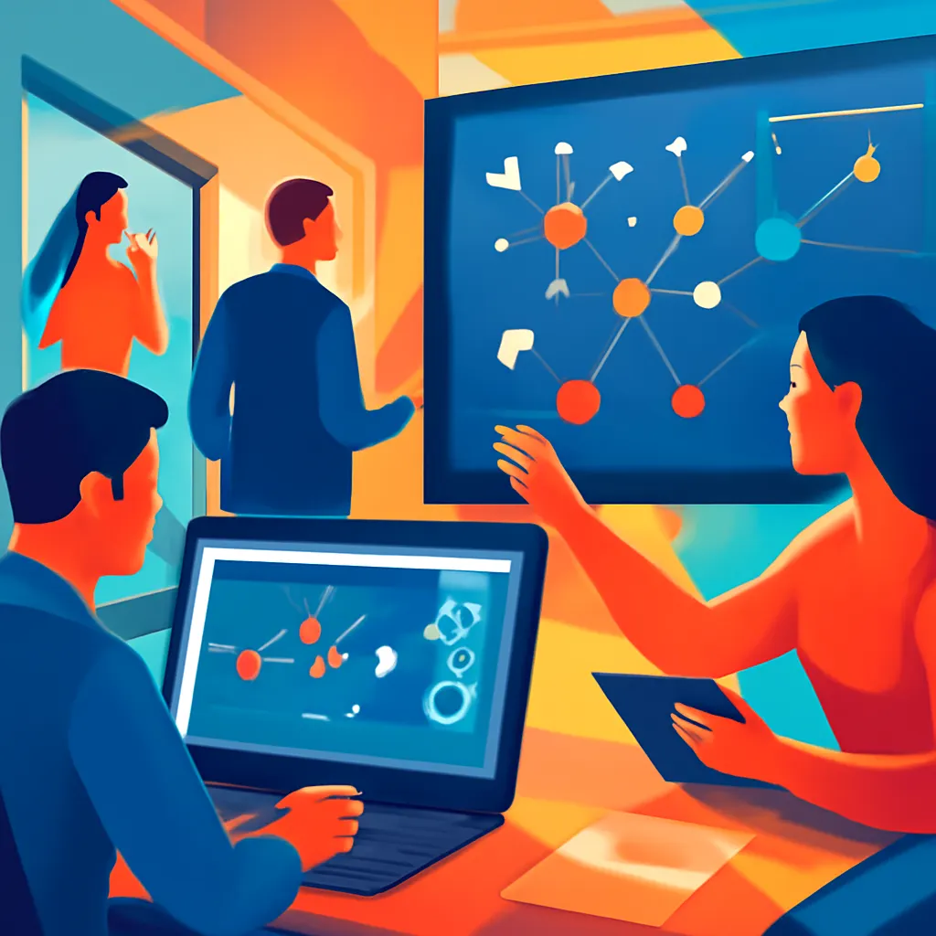 Employees using automation tools in a modern office