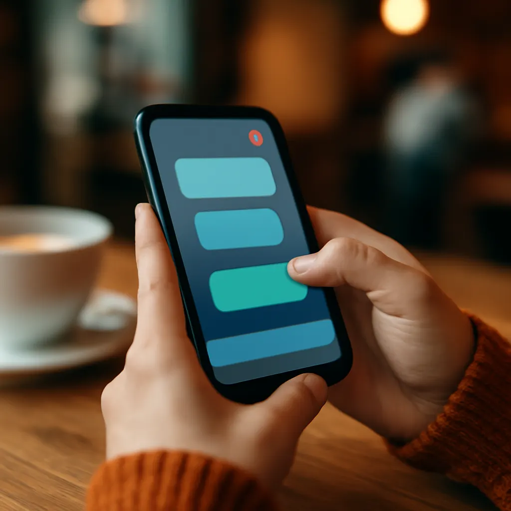 Eine Person, die in einem Café mit einem Smartphone arbeitet.