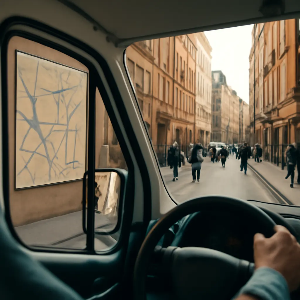Ulica miejska widziana z okna furgonetki