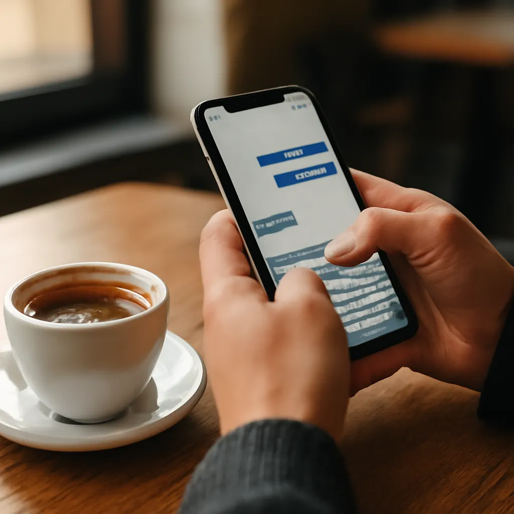 Человек использует смартфон в кафе