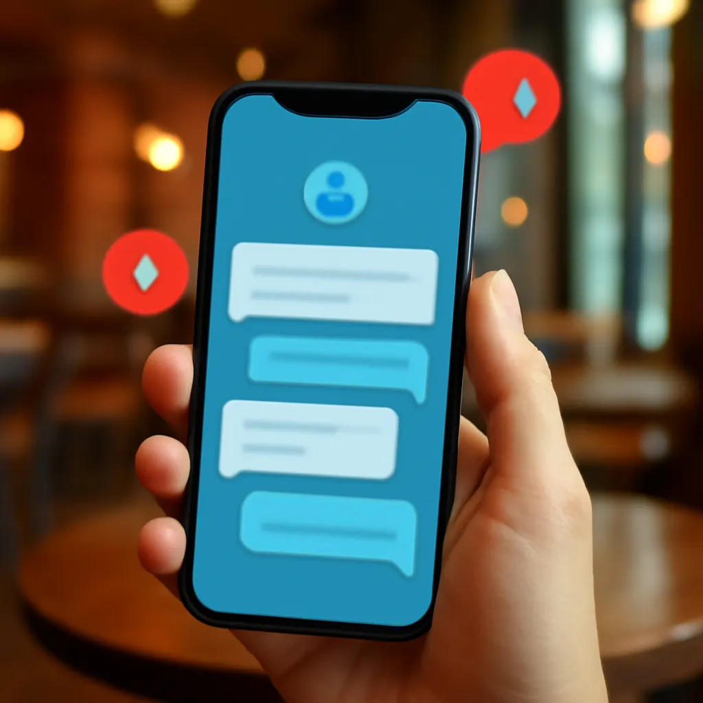 Smartphone displaying chat interface in a café.