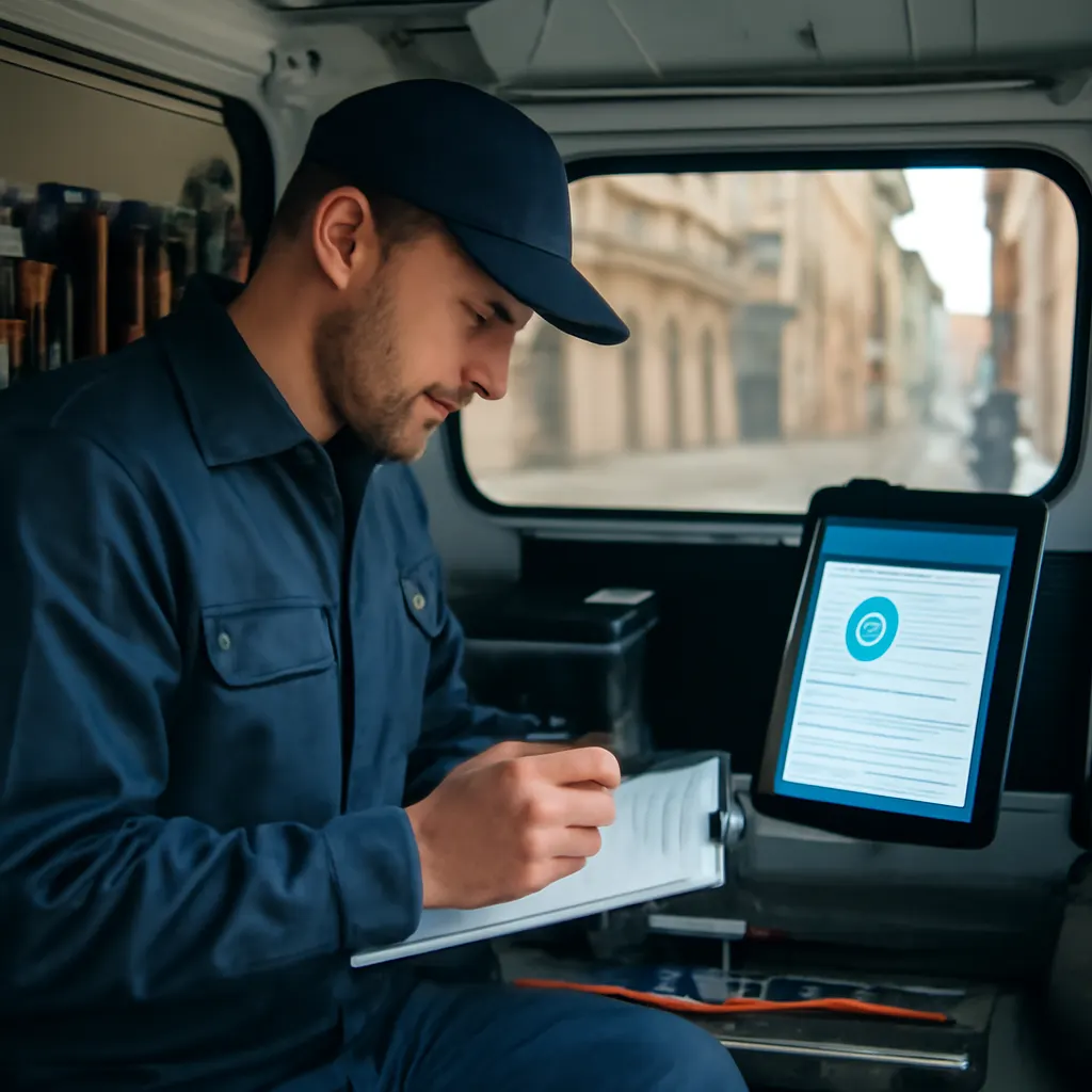 Technik w samochodzie dostawczym z narzędziami i tabletem z interfejsem bota Telegram.