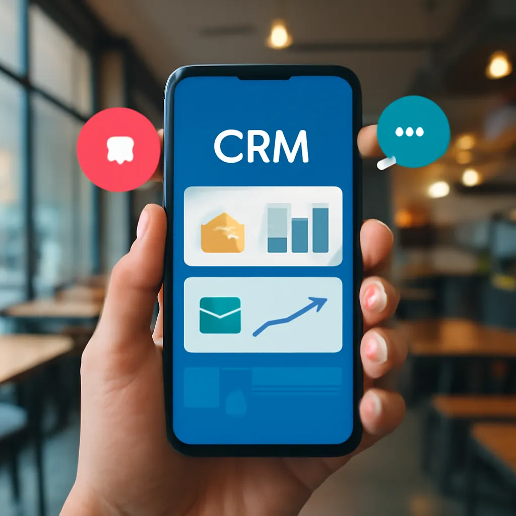 Nahaufnahme eines Handys mit CRM-Software in einem modernen Café