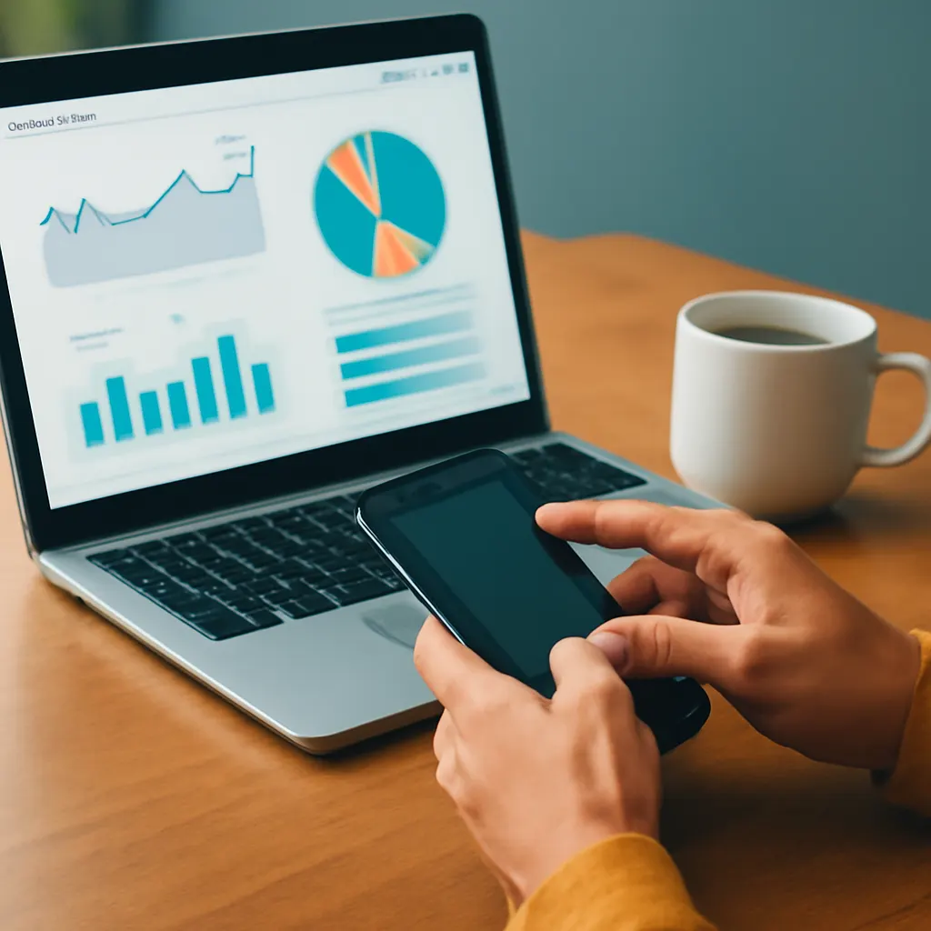 Bürotisch mit Laptop und CRM-Analyse-Diagrammen