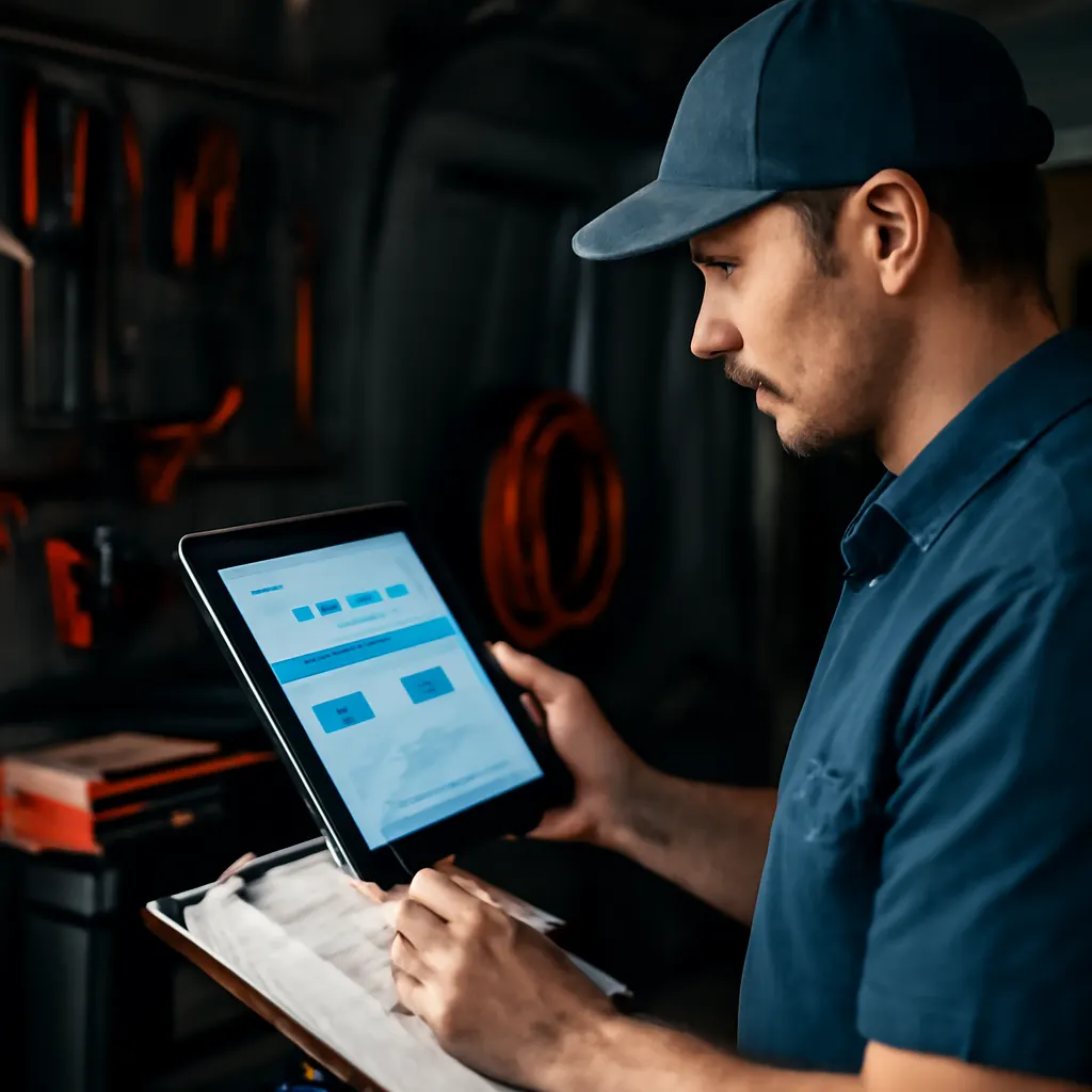 Technik używający tabletu do zarządzania CRM.