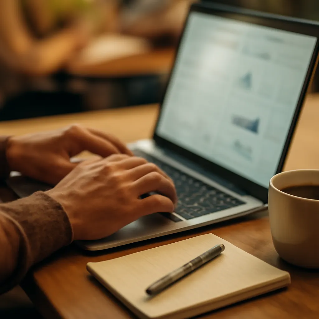Zbliżenie na ręce pracownika przy laptopie