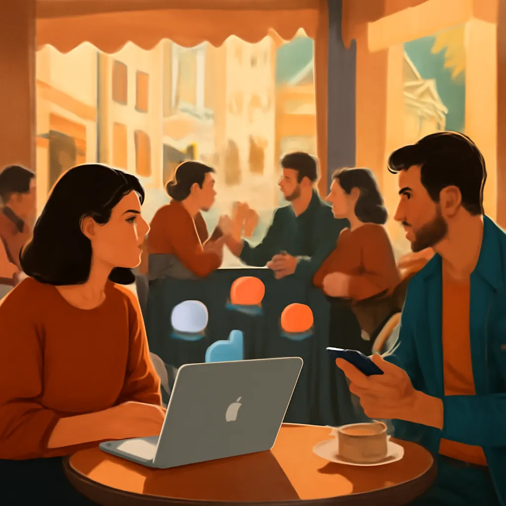 Patrons at a cafe using digital devices and conversing.