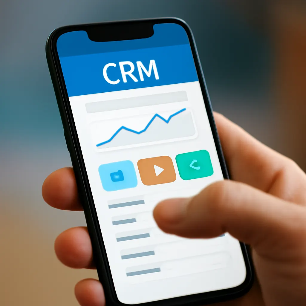 Close-up of a hand using a smartphone displaying a CRM interface.
