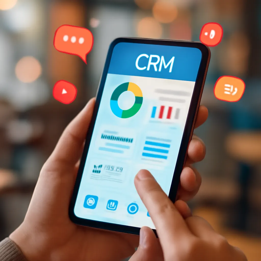 Smartphone displaying a CRM interface in a café
