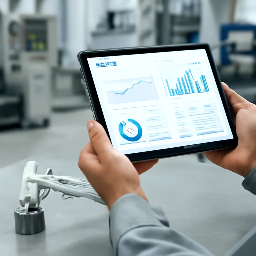 Человек на рабочем месте проверяет интерфейс CRM на планшете.
