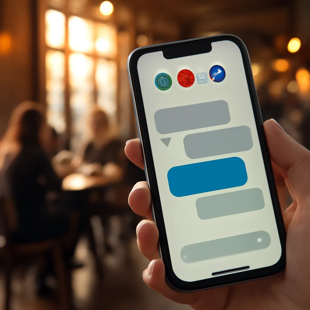 Smartphone mit Chat-Oberfläche in einem Café.
