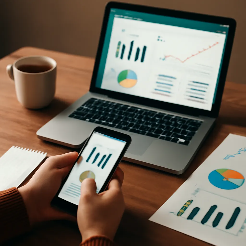 Bürotisch mit Diagrammen und CRM-Dashboard.
