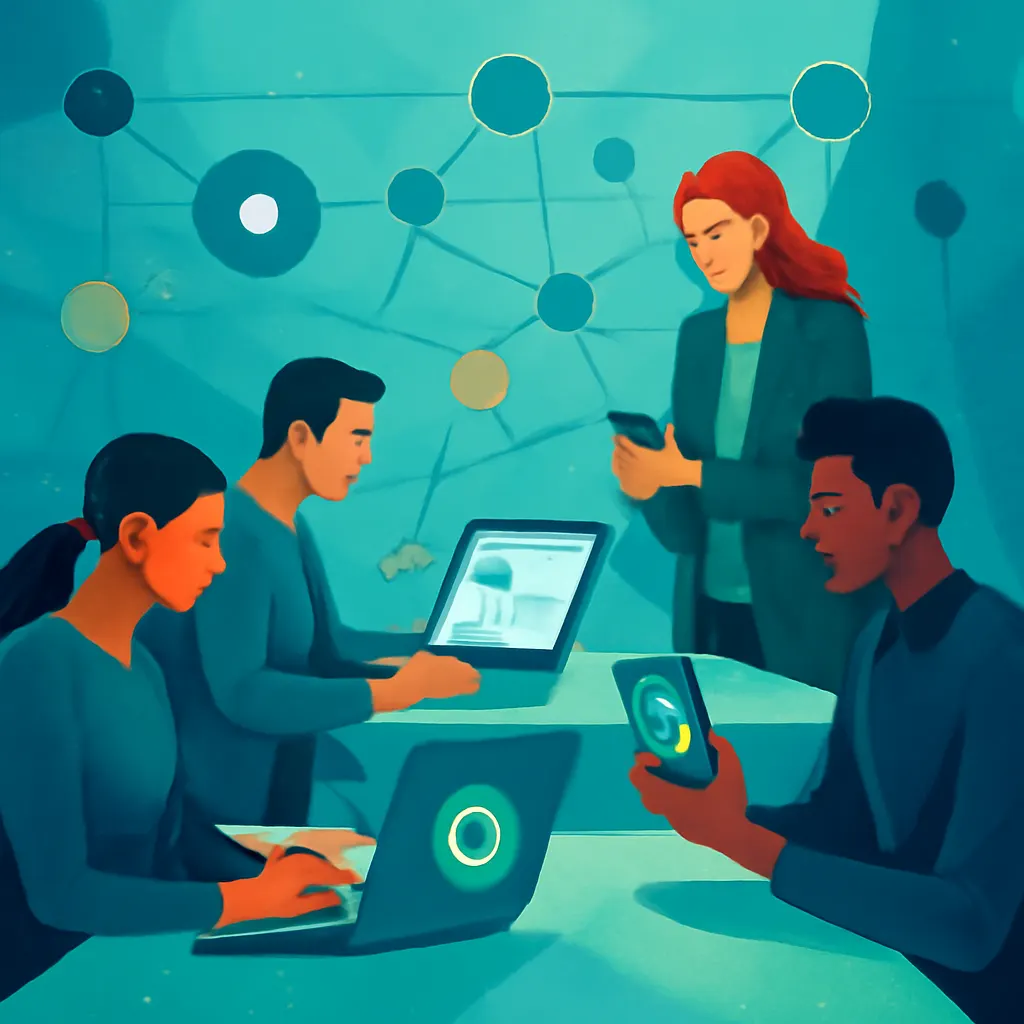 Employees collaborating via WhatsApp in a modern office.