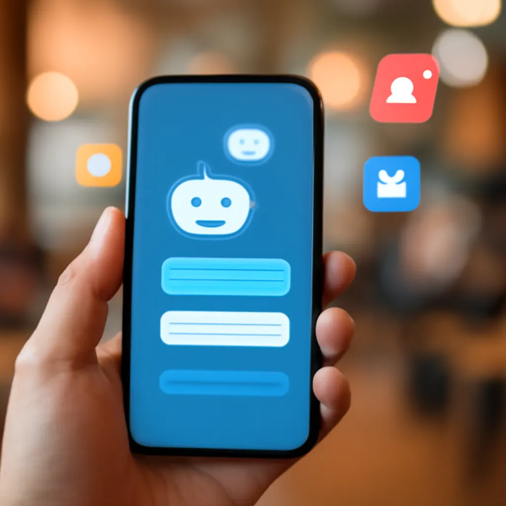 Nahaufnahme eines Smartphones mit Chatbot-Schnittstelle in einer Café-Umgebung