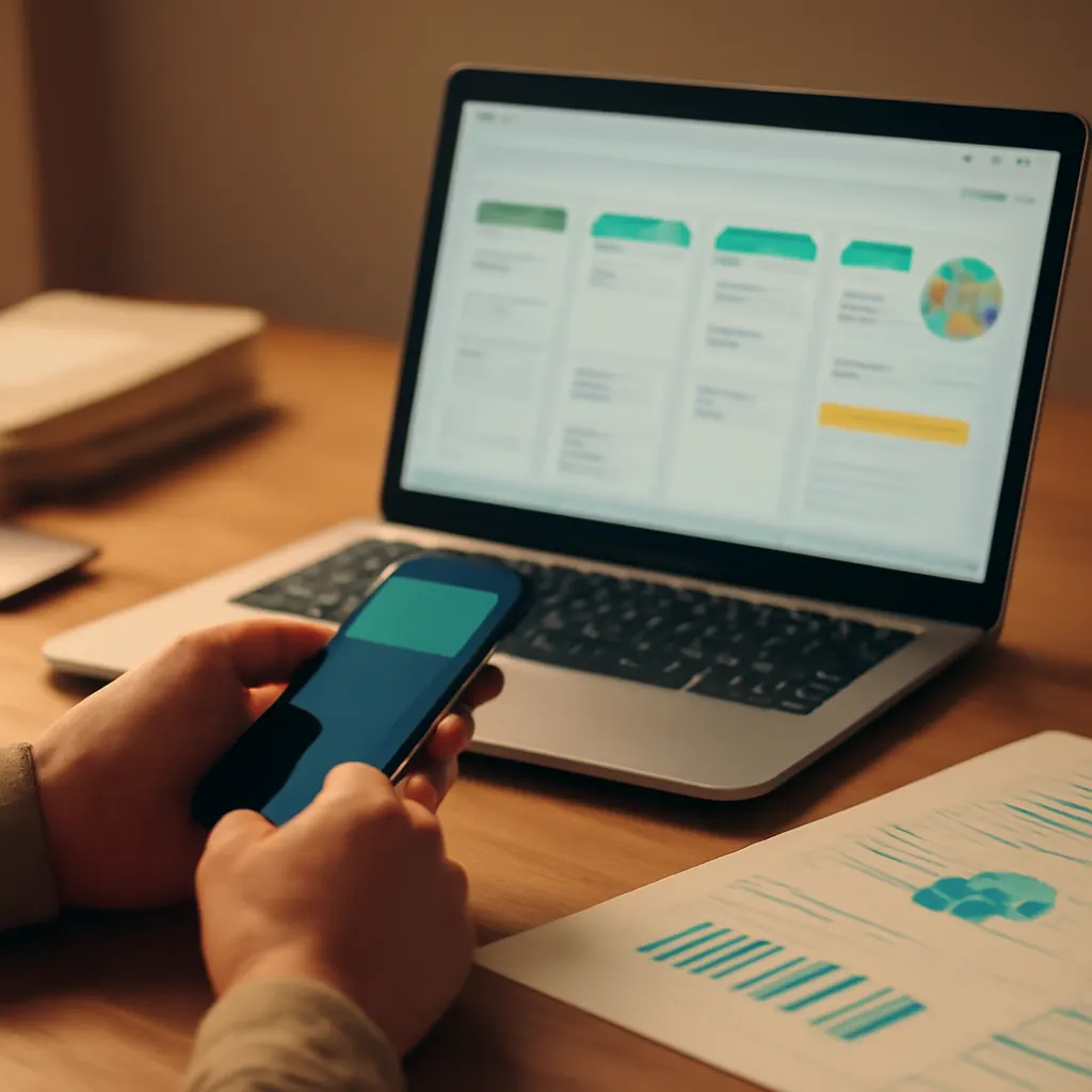 Bürotisch mit Laptop und KI-Projektmanagement-Tool