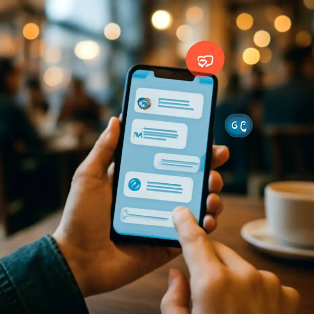 A person interacting with automation messages on their smartphone in a cafe