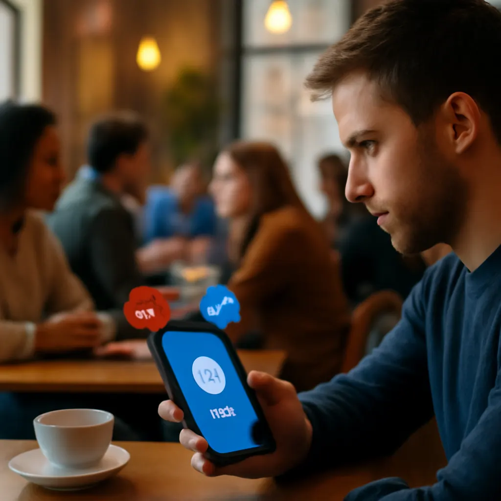 A person using a smartphone in a cafe.