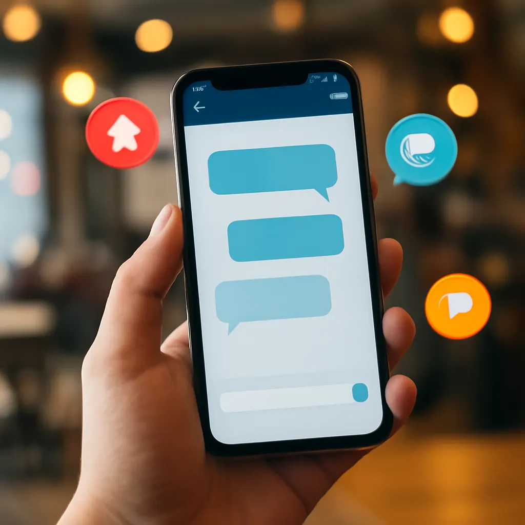 Close-up of a hand holding a smartphone showcasing a chat interface.