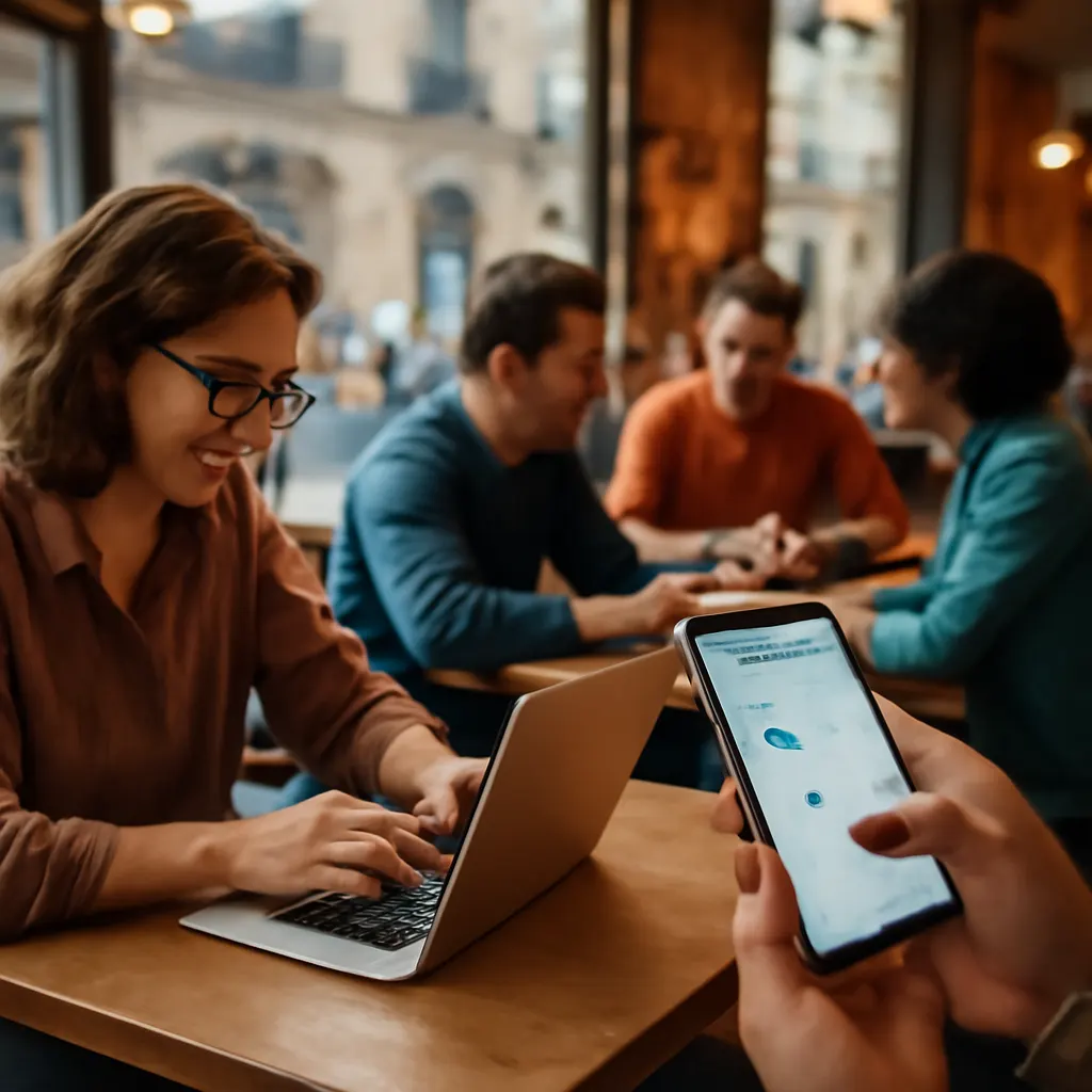 People working in a cafe, collaborating and engaging in business.