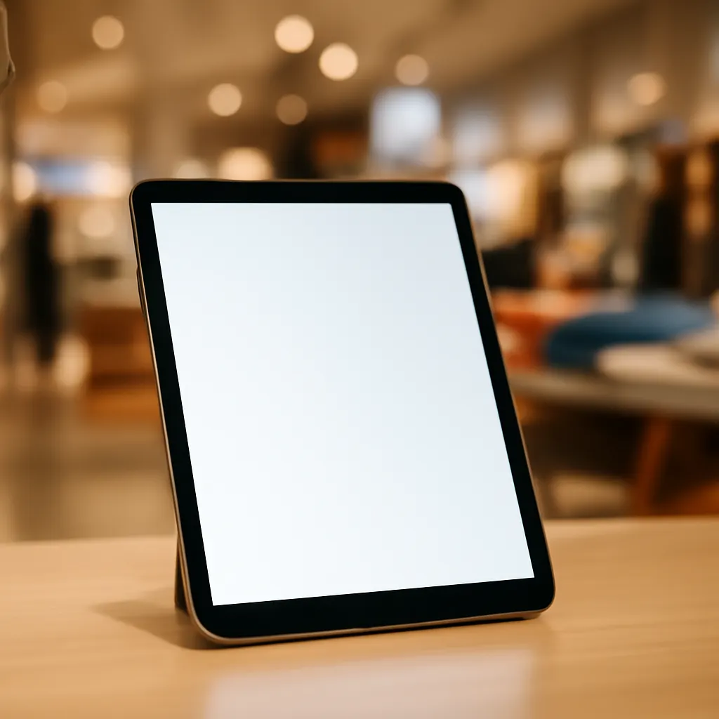 Tablet z pustym ekranem w nowoczesnym sklepie