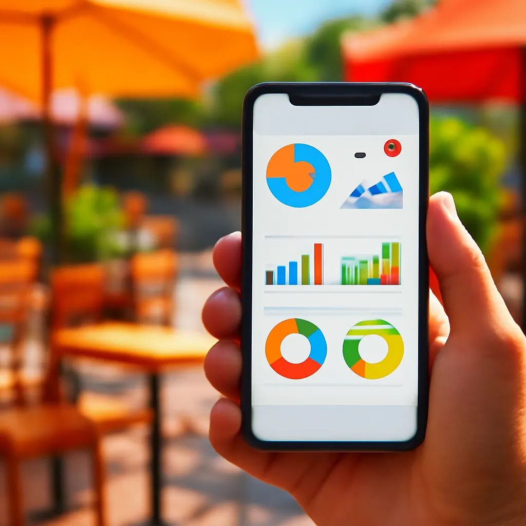 Nahaufnahme einer Hand, die ein Smartphone mit Analyse-Details hält.