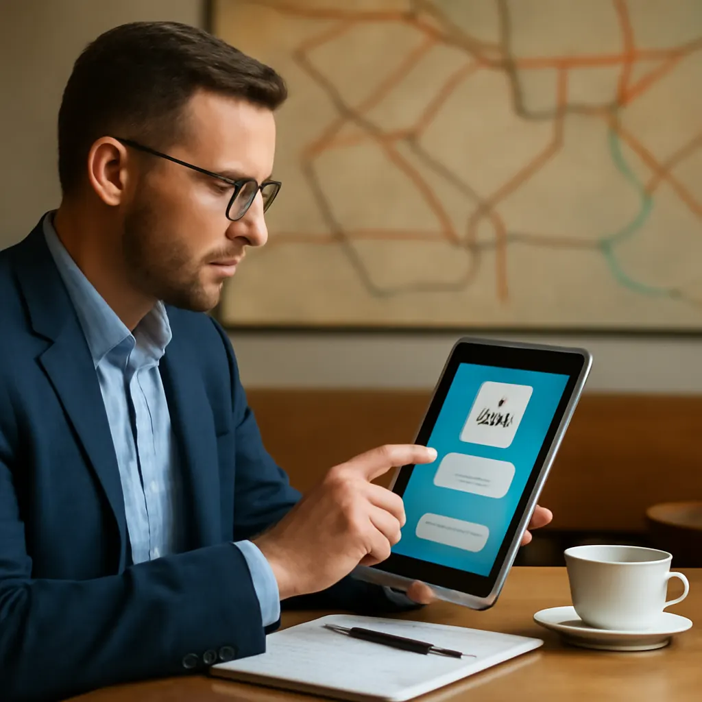 Profesjonalista biznesowy używający tabletu do interakcji z chatbotem