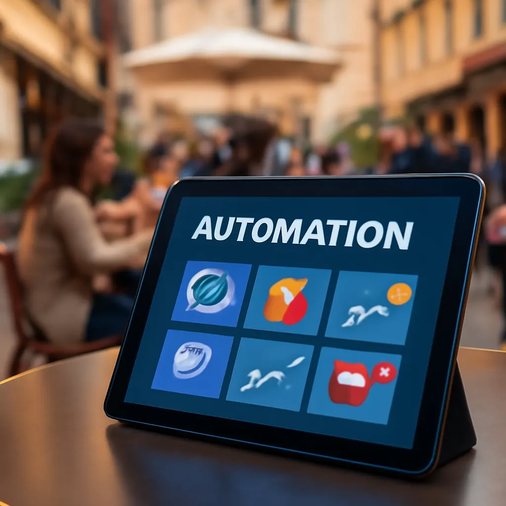 Cafe scene with automation metrics displayed on a tablet