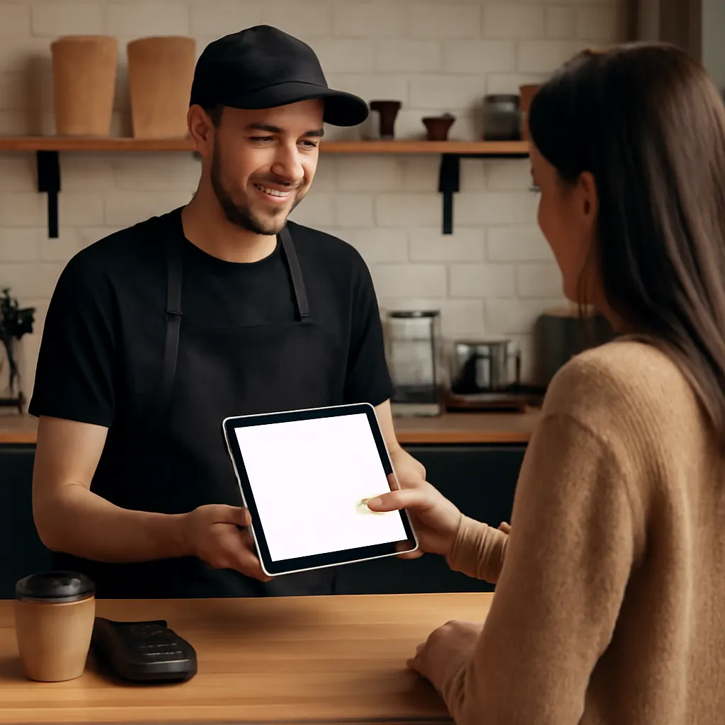 Nowoczesny mały counter z baristą i klientem