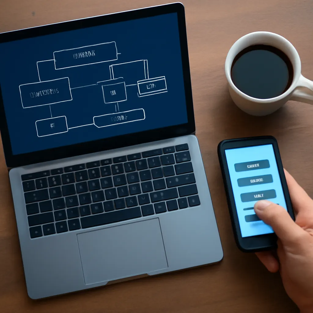Workspace with laptop and software diagrams