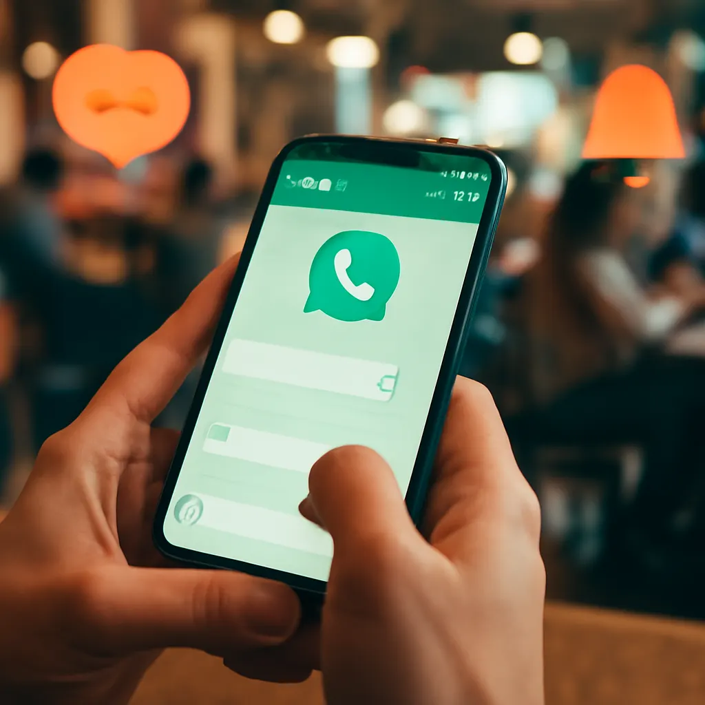 Person using WhatsApp on smartphone in cafe