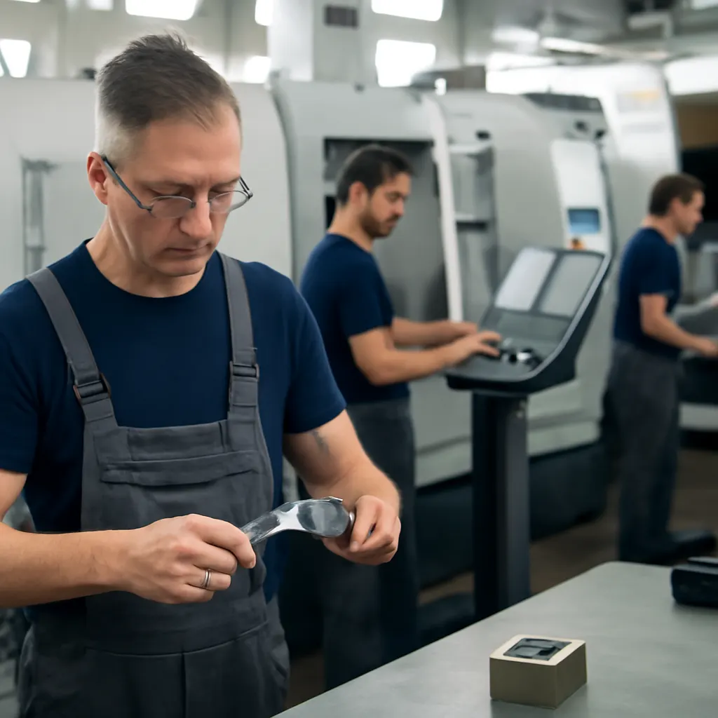 Eine geschäftige CNC-Bearbeitungswerkstatt mit arbeitenden Mitarbeitern.