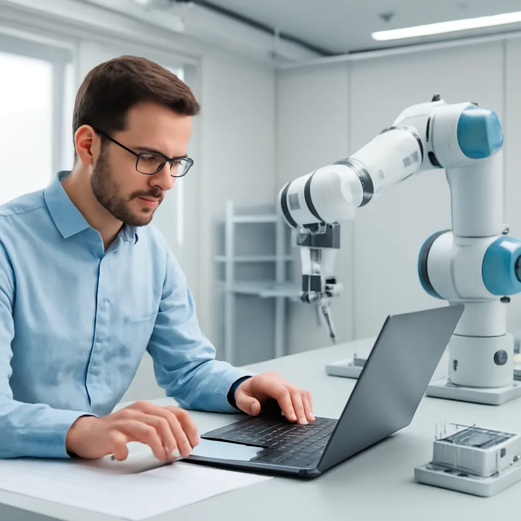 Ein Techniker programmiert einen Roboter in einer sauberen Werkstatt.