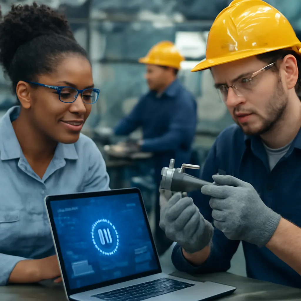 Arbeiter in einer hellen Produktionsstätte, die zusammenarbeiten.